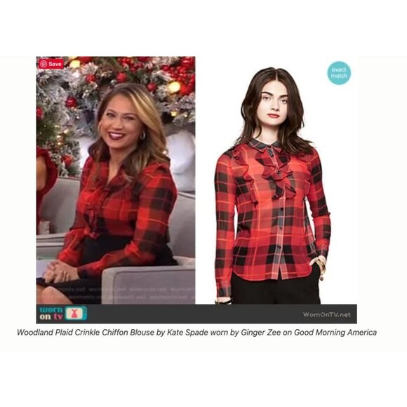 Kate Spade Womens 4 Ruffle Woodland Red Black Plaid Chiffon Blouse 100% Silk Top - Picture 2 of 12